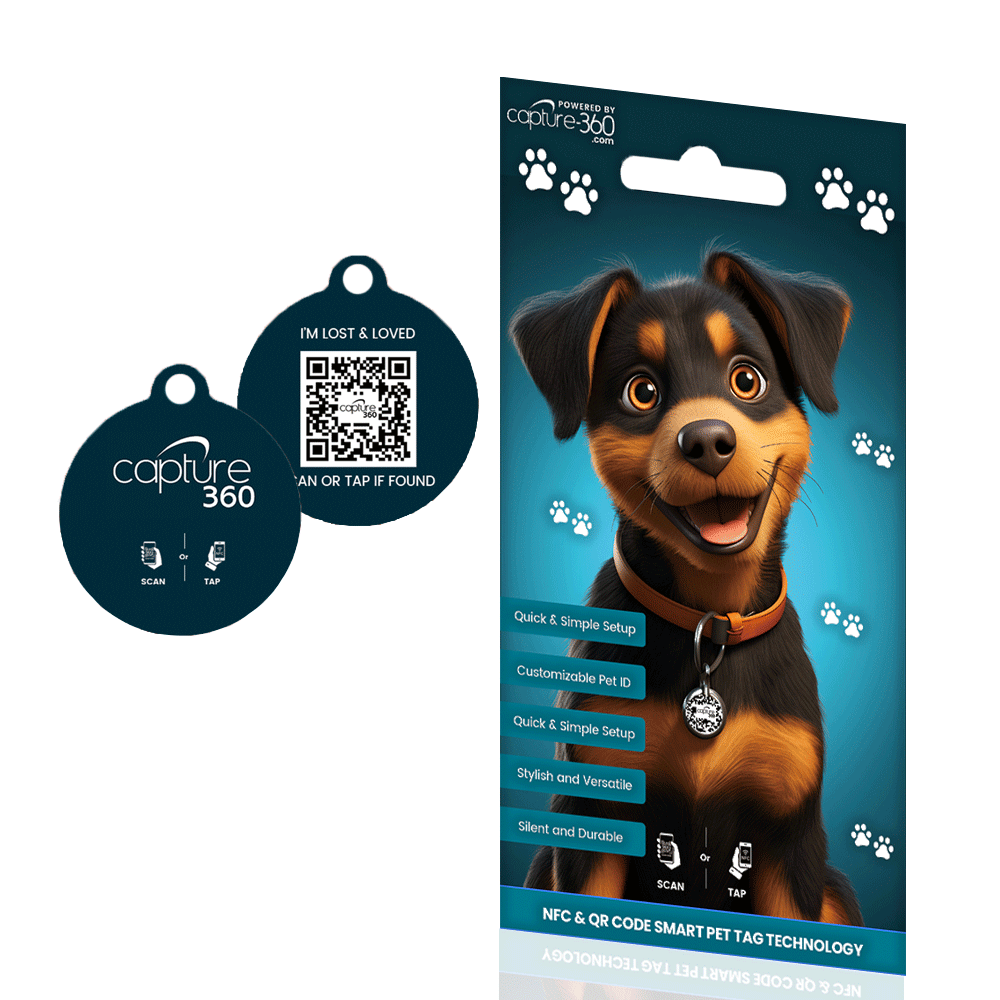 Capture 360 NFC and QR Code Smart Pet ID Tag - Digital Epoxy Dog & Cat Collar Tag for Easy Pet Identification - Durable, Waterproof, and Fast Owner Contact